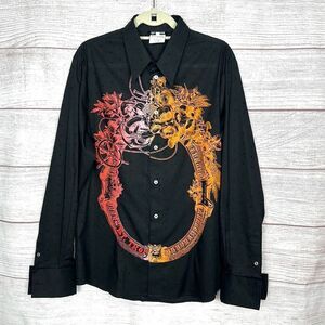 GF FERRE Vintage Printed Embroidered Black Button Up Shirt Eyelet Slim Fit M-L